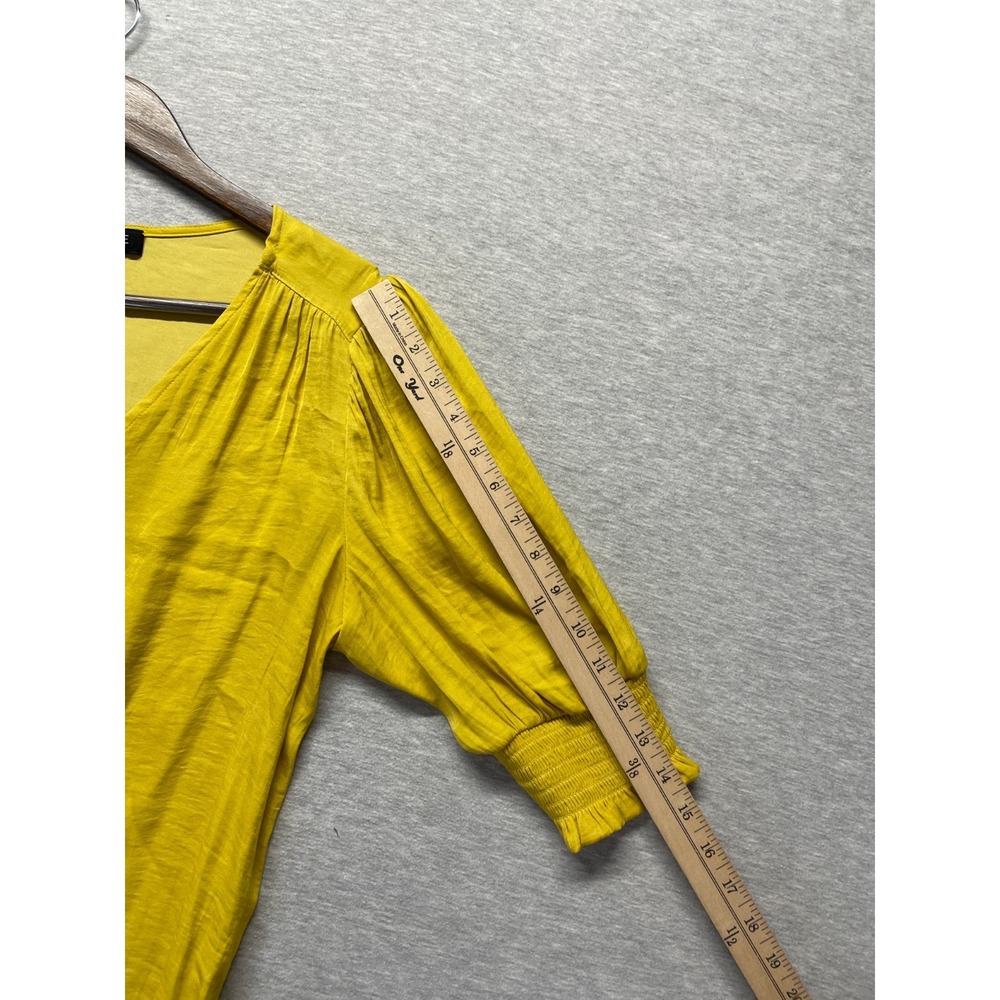 Rachel Zoe Blouse Top Womens Large Mustard Yellow 3/4 Puff Sleeve Smocked Cuff - Picture 7 of 7